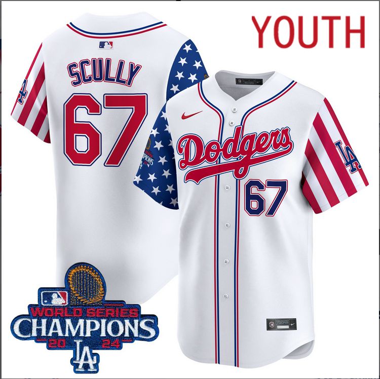 Youth  MLB Los Angeles Dodgers #67 Scully American Style white 2024 World Series Champions  Limited Jersey->youth mlb jersey->Youth Jersey